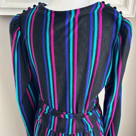 Vintage Sally Petite 80s Longsleeve Black Fit Flare Tie Chevron Striped Dress - Picture 9 of 16